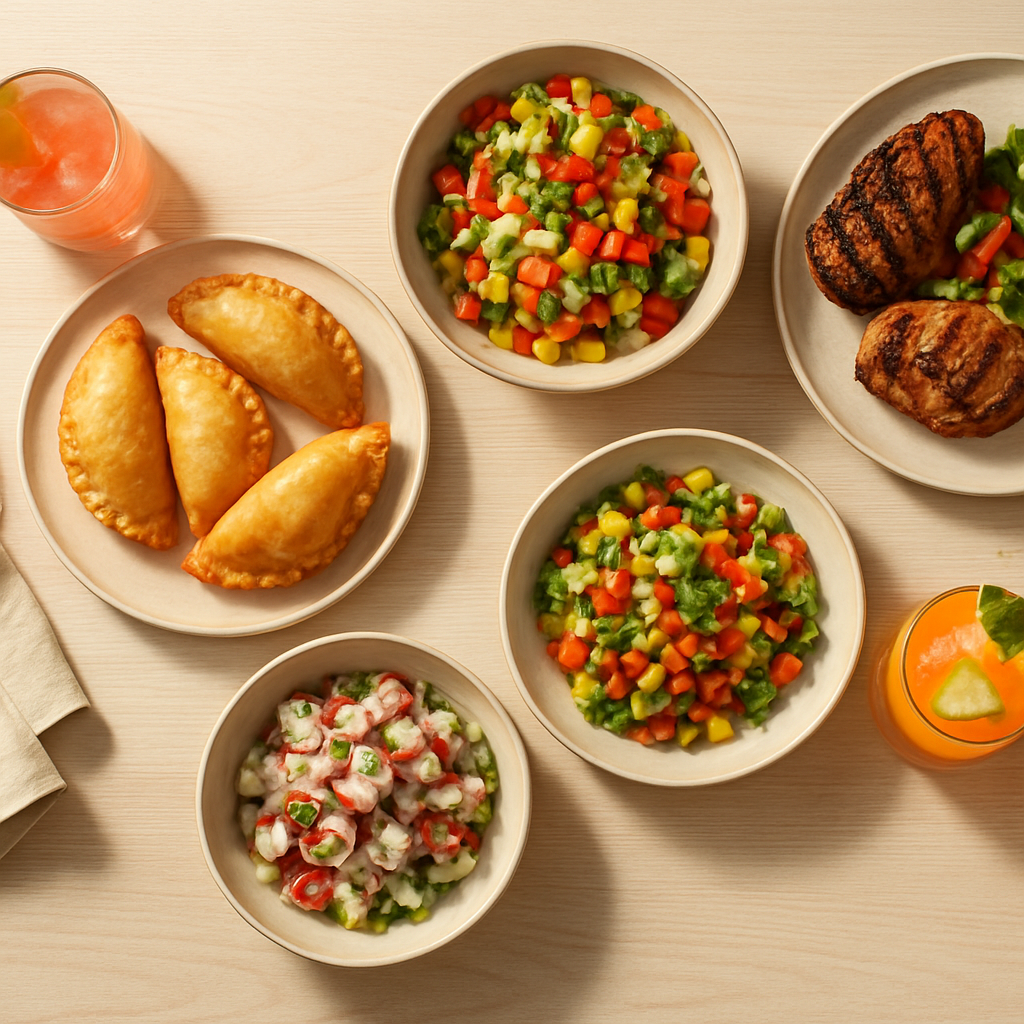 Reich gedeckter Tisch mit südamerikanischen Spezialitäten, Empanadas und Cocktails